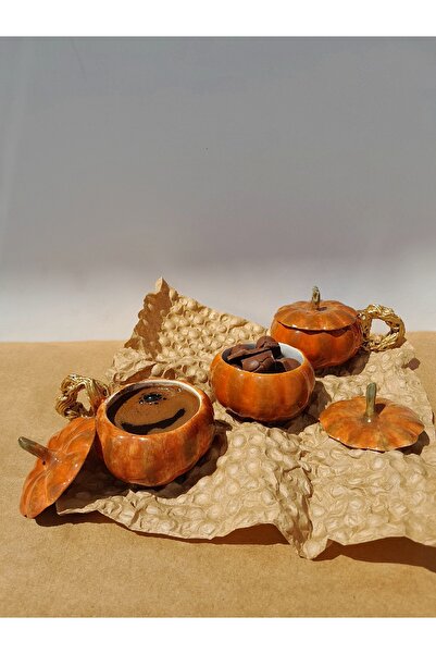 No8 Seramik Stüdyo Balkabağı 3'lü Fincan & Sunum Seti