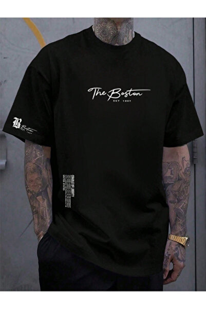 Revasser Unisex Erkek/Kadın THE BOSTON Özel Baskılı Oversize Pamuklu Bisiklet Yaka T-Shirt