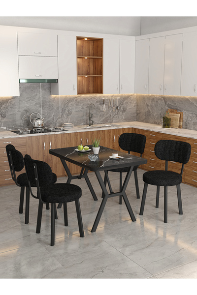 Mygusi Azra 70x110cm Bendir Mutfak Masası, Mutfak Masası Takımı, Yemek Masası, 4 Siyah Sandalye