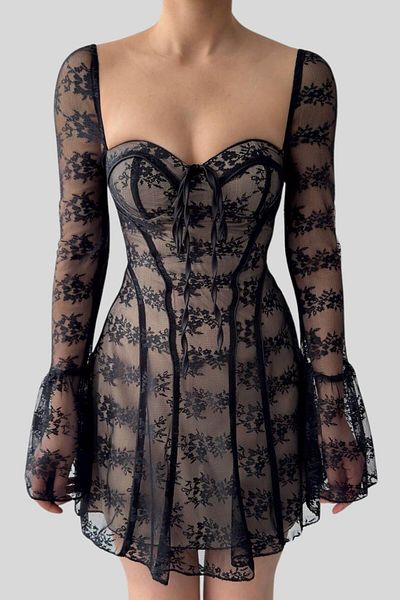 lovebox Lace Mini Dress Shiny Long Sleeve Party Prom Evening Party Mini Dress Etk-001