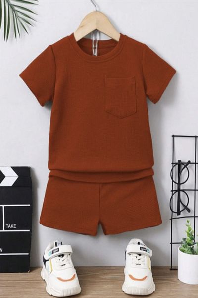 Bubito Waffle Visual Pocket Detailed Cotton Summer Baby Kids Shorts Set-Red