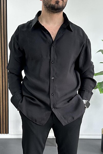 Edwox Cămașă largi din țesătură modal pentru bărbați, neagră Edw267
