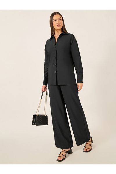 Styli Solid Long Sleeve Shirt and Wide Leg Pants Co-Ords