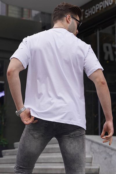 Madmext Weiß gemustertes Herren-T-Shirt mit Rundhalsausschnitt und normaler Passform 6115