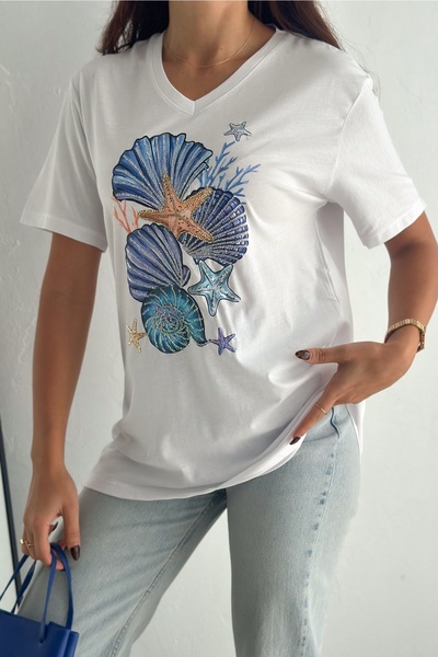 FEMELLE Women's White V-Neck Large Size Starfish Sequin Sequin Embroidered 100% Cotton T-Shirt