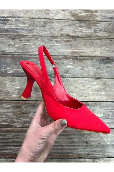 MİSS PARK MODA Women's Red Pointed Toe Open Back Flexible Comfortable Stiletto Daily Short Goblet Heeled Shoes