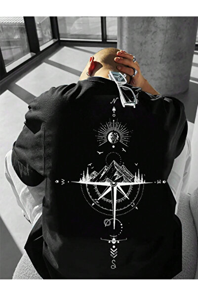 Revasser Unisex Erkek/Kadın PUSULA Özel Baskılı Oversize Pamuklu Bisiklet Yaka T-Shirt