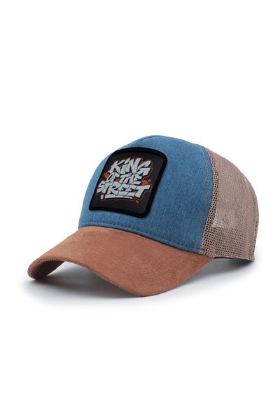 Trucker King of the Street Model Interchangeable Emblem Mesh Cap Suede Jeans