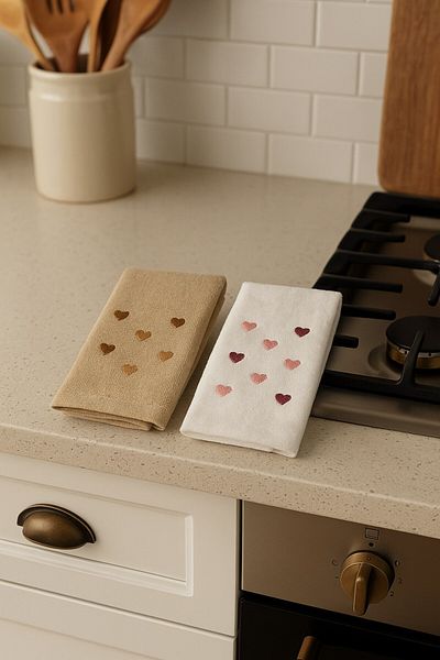 Arma House Set of 2 Cream & White Heart Embroidered Kitchen Towels 30X50 cm