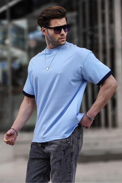 Madmext Tricou oversize albastru cu gât crew 6184