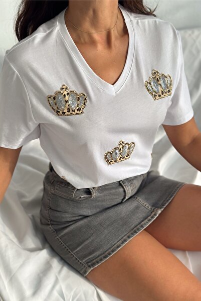 FEMELLE Women's White V-Neck Large Size King Crown Sequin Sequin Embroidered 100% Cotton T-Shirt