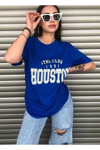 İpli Tricou oversize Houston Printed Saks culoare albastru
