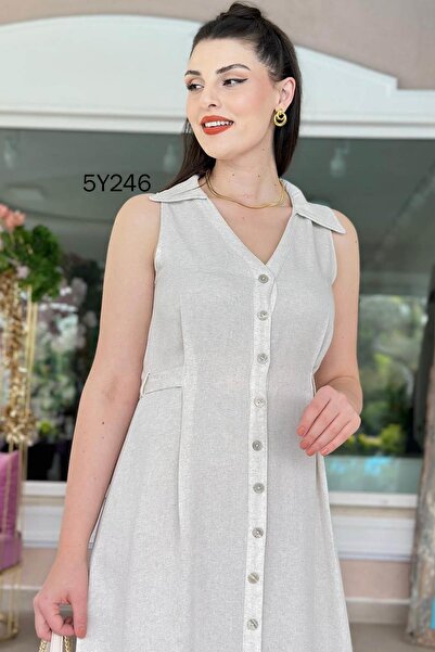 İnce Topuk Polo Neck Button Detailed Linen Dress 5Y246