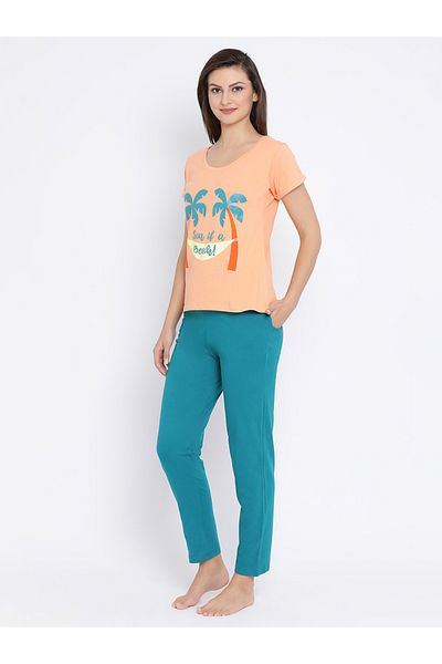 Clovia By Styli Women's Cotton Rich Printed Top & Orange Pyjama Set