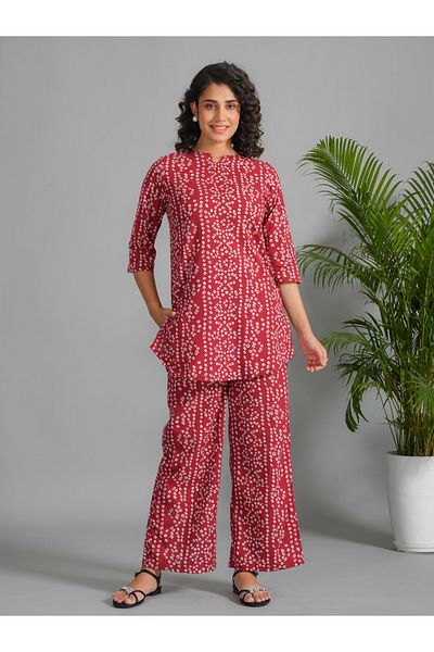 Sanskrutihomes By Styli Pure Cotton Printed Notch Neck Top and Pyjama Set