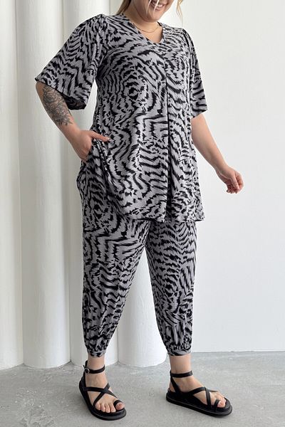 Stil Diva Large Size Patterned Baggy Trousers with Elastic Waist and Legs with Pockets 99-3