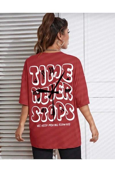 İpli Oversize T-Shirt Time Printed Red Color
