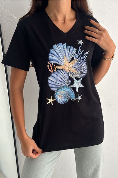 FEMELLE Tricou negru pentru femei, cu decolteu în V, mărime mare, cu paiete, brodat, 100% bumbac