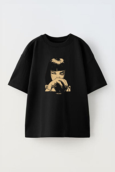 THEWERT Unisex Mia Wallace dizajn Štampano Pamuk crna Oversize kroj T-shirt
