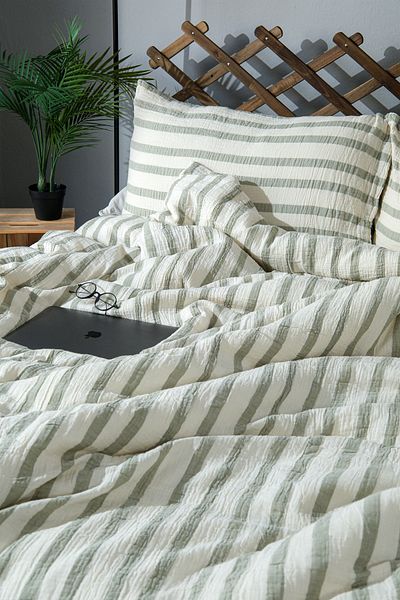 Befera Design Muslin 100% Cotton Double Washed Duvet Cover Set Iron-Free Green Striped