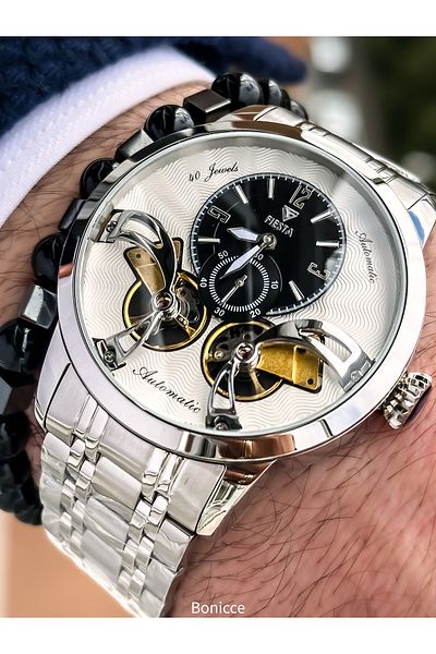 Fiesta Silver-White,Automatic(Without Battery),Cord Case Steel, Vip Special Series Men's Wristwatch with Bracelet Gift