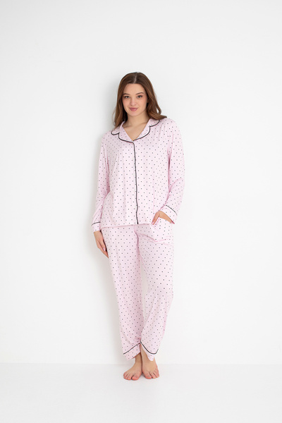 DOFİ Dofi Kadın Açık Pembe Puantiyeli Pijama Takımı Uzun Kollu, Düğmeli