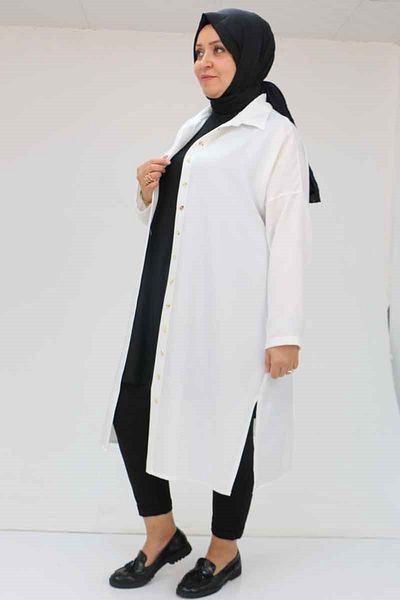 Eslina 58065 Large Size Melange Linen Low Sleeve Shirt - Ecru