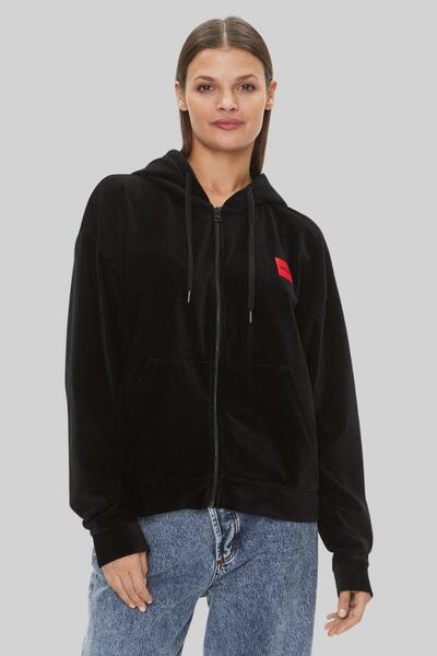 Hugo Boss Regular Fit Kapüşonlu Kadife Kadın Spor Ceket Siyah