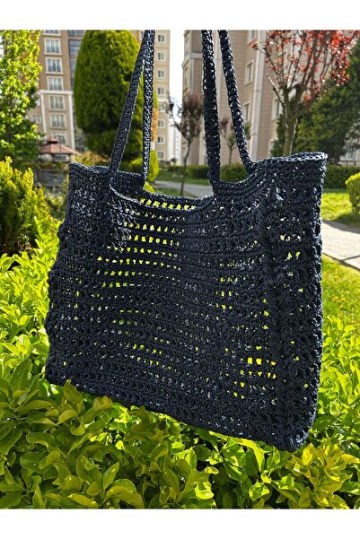 Mamas Bestie Lacivert Kağıt El Örgüsü Plaj Çantası