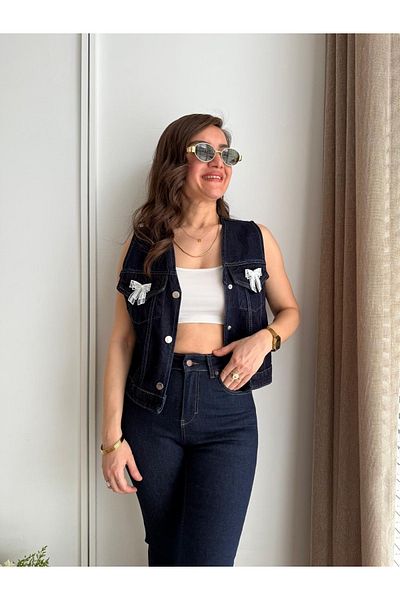 My Blog Navy Blue Bow Denim Vest - 6518