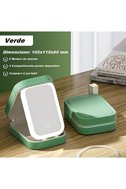 Flippy Makeup Bag with LED Mirror, 3 Light Modes, USB Charging, Faux Leather, Green, 16.5x11.5x6 cm