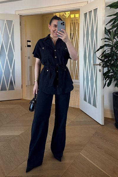 Tuba Butik Linen Belted Shirt Pants Women's Set
