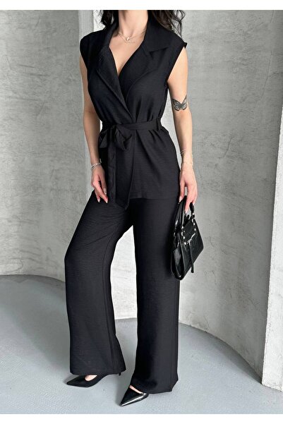 ZF BUTİK Dvojitý plátěný oblek s vestou s páskem