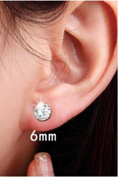 Midyat Gümüş Dünyası 6 Mm 1 Çift Cubic Zirkon 925 Ayar Gümüş Tektaş Çivi Küpe