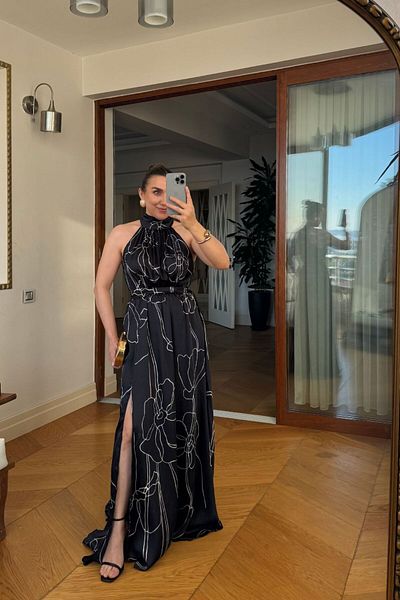 Tuba Butik Patterned Halter Neck Satin Long Dress
