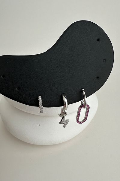 Modex Silver Color Lightning Figured Stoned Triple Earrings Set