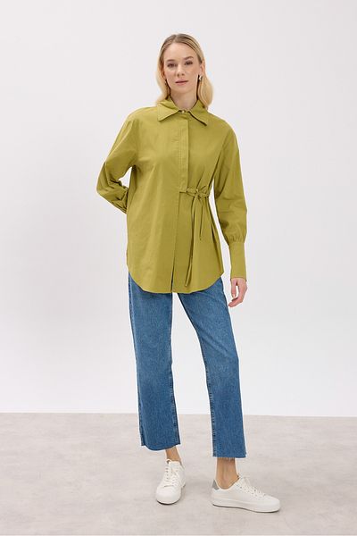 Birgül Bektaş Oil Green Classic Collared Shirt with Tie Detail