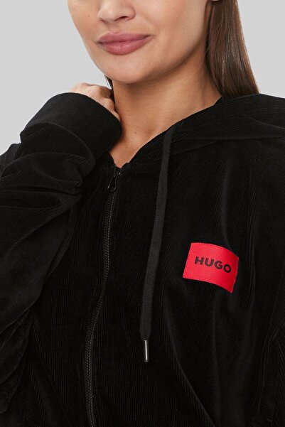 Hugo Boss Regular Fit Kapüşonlu Kadife Kadın Spor Ceket Siyah