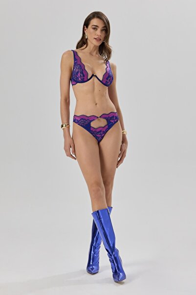 Feu De Elu Addria Saks Mavisi Saten Dantelli Tek Balenli Büstiyer Sütyen