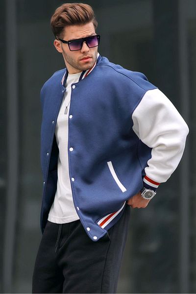 Madmext Navy Blue Oversize Printed College Jacket 6153