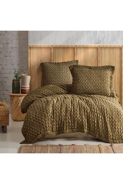 Şaheser Set Cuvertura + 2 Fete Perna, Gofrata, Bumbac 100%, 220x240cm, Enza Khaki