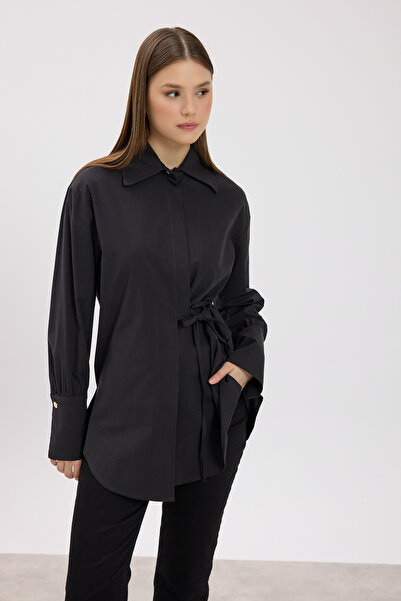 Birgül Bektaş Classic Collared Shirt with Black Tie Detail
