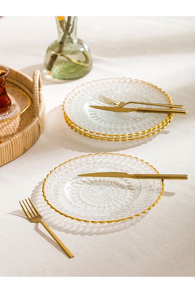 LC Waikiki Yellow Patterned Glass Cake Plate Set of 4 21 cm