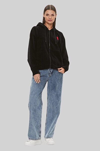 Hugo Boss Regular Fit Kapüşonlu Kadife Kadın Spor Ceket Siyah