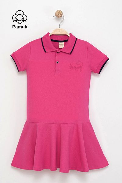 MK Mukko Kids Girl's Polo Neck Flared Ruffled Embroidered Cotton Summer Short Sleeve Dress