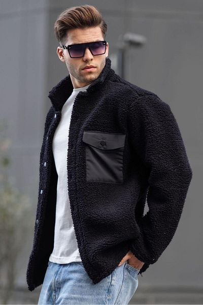 Madmext Black Pocket Detailed Plush Jacket 6720