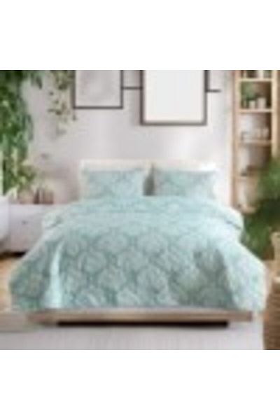 Eponj Home Set cuvertura matlasat 200x220cm + 2 fe e pern cu model baroc, Post Verde Ment