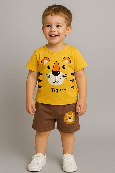 MİLANO KİDS Boy's Tiger Print Summer Bottom Top Shorts Suit