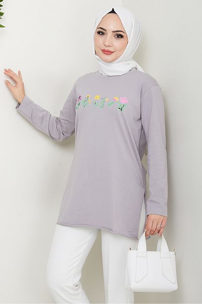 Bestenur Μοτίβο λουλουδιών Hijab Tunic 1425 - Stone