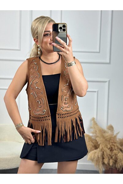 MELTEM TUĞAN Brown Suede Vest - Embroidery and Stone Print Detail